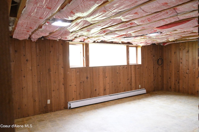 basement featuring plenty of natural light, wooden walls, and baseboard heating