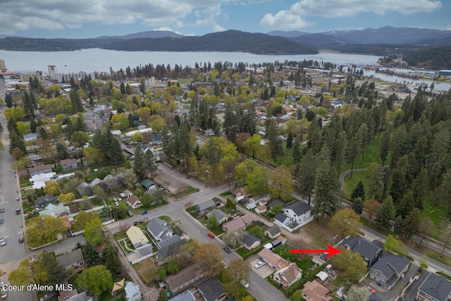 birds eye view of property with a water and mountain view