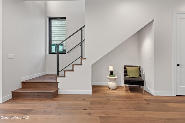 stairway with hardwood / wood-style flooring