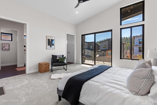 bedroom with carpet floors, ceiling fan, high vaulted ceiling, and access to exterior