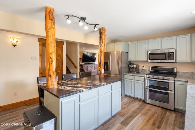 kitchen featuring appliances with stainless steel finishes, a center island, light wood-type flooring, and track lighting