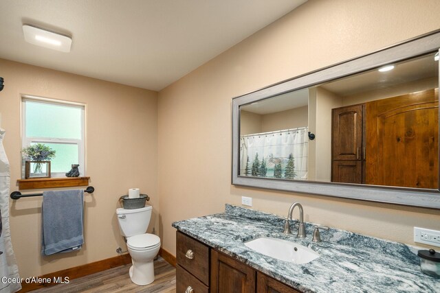 bathroom featuring wood-type flooring, toilet, and vanity