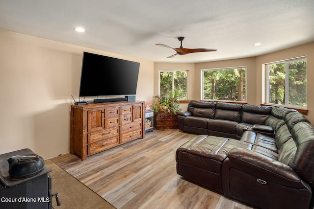 living room with light hardwood / wood-style flooring and ceiling fan