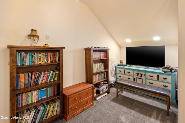 living area featuring vaulted ceiling and carpet floors