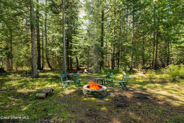 view of yard featuring an outdoor fire pit