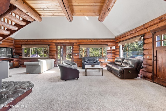 carpeted living room with high vaulted ceiling, beamed ceiling, wooden ceiling, and rustic walls