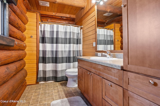 bathroom featuring toilet, wood ceiling, wood walls, and vanity