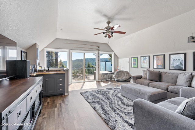 living room featuring lofted ceiling, ceiling fan, a textured ceiling, and dark hardwood / wood-style flooring