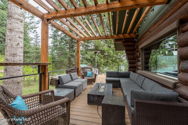 deck with an outdoor living space and a pergola