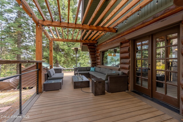 wooden deck featuring french doors and an outdoor hangout area