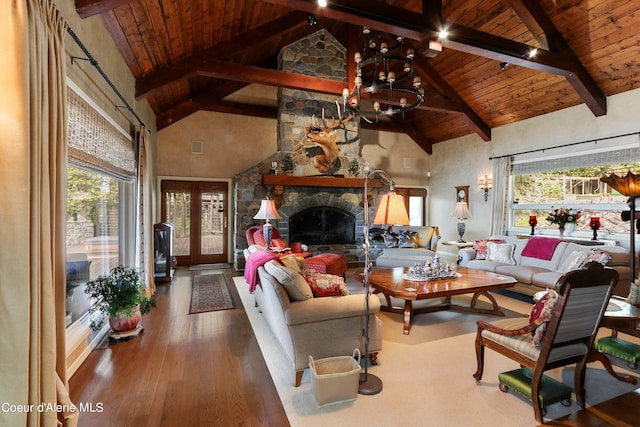 living room featuring hardwood / wood-style floors, beam ceiling, a fireplace, wood ceiling, and high vaulted ceiling