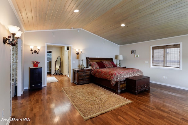 bedroom with ornamental molding, wood ceiling, lofted ceiling, and dark hardwood / wood-style flooring
