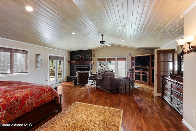 bedroom with crown molding, hardwood / wood-style flooring, access to exterior, a large fireplace, and wood ceiling