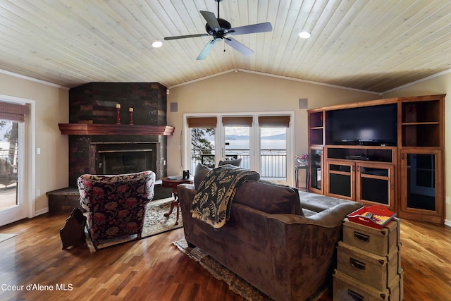 living room featuring a fireplace, ceiling fan, crown molding, wooden ceiling, and hardwood / wood-style floors
