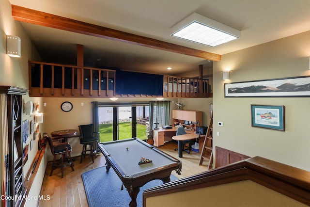 game room featuring beamed ceiling, hardwood / wood-style flooring, and pool table