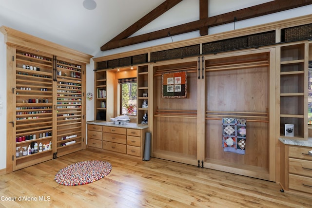 unfurnished office featuring light wood-type flooring and lofted ceiling
