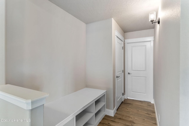 mudroom with a textured ceiling and wood-type flooring