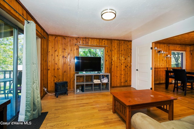 living room featuring wooden walls, light hardwood / wood-style flooring, and a wood stove