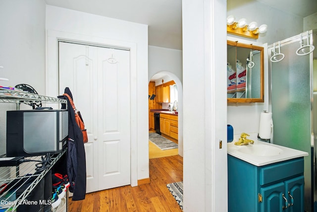 interior space with hardwood / wood-style flooring and large vanity