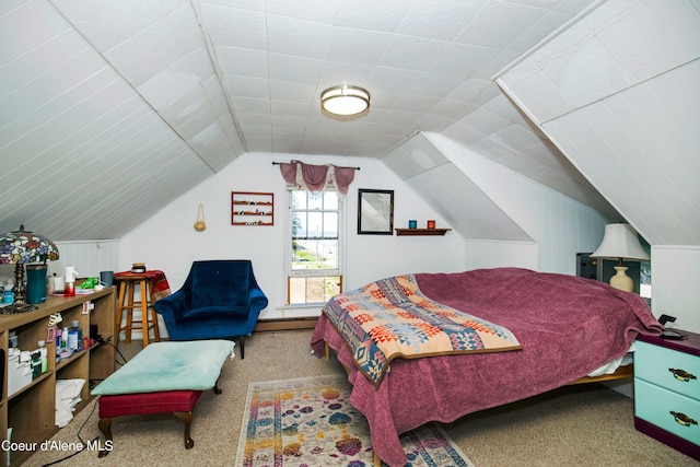 carpeted bedroom featuring a baseboard radiator and vaulted ceiling