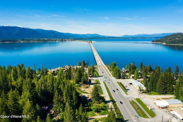 birds eye view of property featuring a water and mountain view