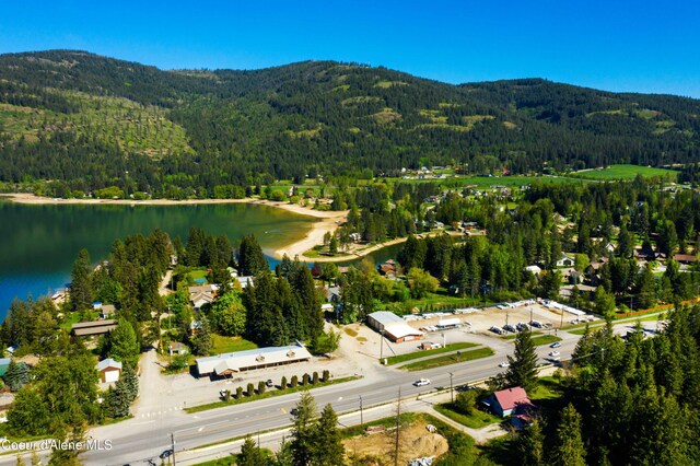 bird's eye view featuring a water and mountain view