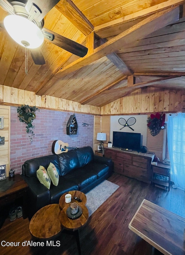 living room with wooden ceiling, hardwood / wood-style flooring, ceiling fan, vaulted ceiling, and brick wall