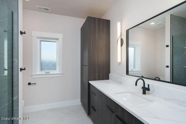 bathroom with vanity, a shower with door, and a healthy amount of sunlight