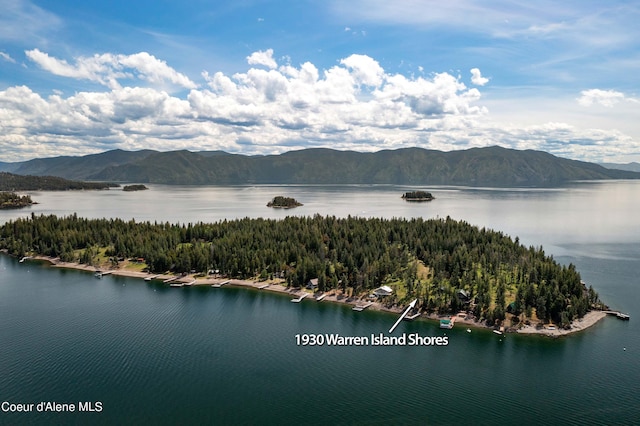 birds eye view of property featuring a water and mountain view