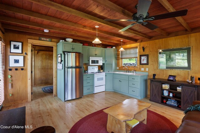 1930 Warren Island Shrs, Hope, ID 83836 - kitchen featuring white appliances, light wood-style floors, green cabinets, and wooden ceiling