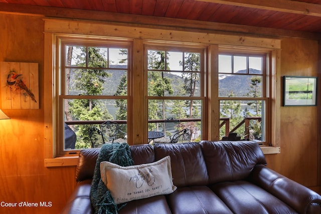 1930 Warren Island Shrs, Hope, ID 83836 - living room with wooden walls, a healthy amount of sunlight, a mountain view, and wooden ceiling