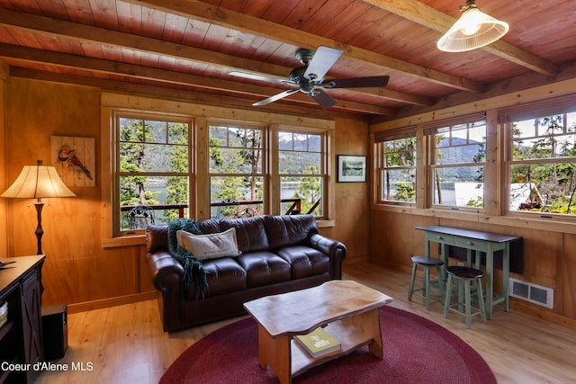 1930 Warren Island Shrs, Hope, ID 83836 - living room featuring visible vents, wooden walls, wood ceiling, and light wood-style flooring