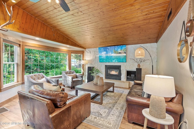 5718 E Sleepy Ln, Coeur Dalene, ID 83814 - living area featuring wooden ceiling, a fireplace, lofted ceiling, a ceiling fan, and healthy amount of natural light