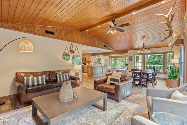 5718 E Sleepy Ln, Coeur Dalene, ID 83814 - living area featuring light wood-style flooring, wooden ceiling, ceiling fan, and a chandelier