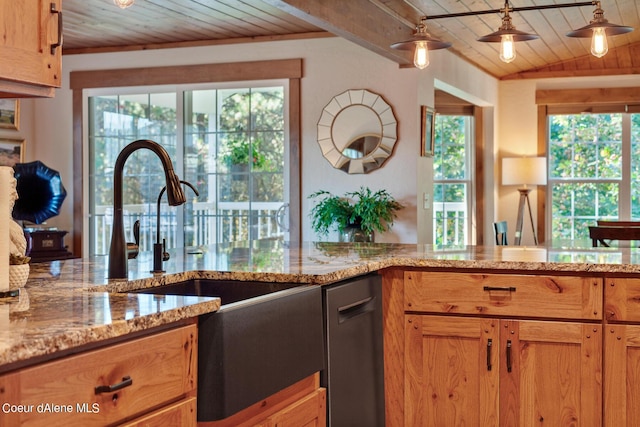 5718 E Sleepy Ln, Coeur Dalene, ID 83814 - kitchen with wood ceiling, plenty of natural light, light stone counters, stainless steel dishwasher, and decorative light fixtures
