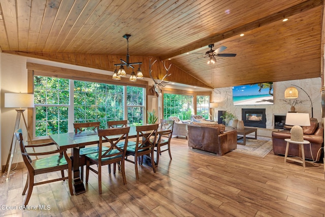 5718 E Sleepy Ln, Coeur Dalene, ID 83814 - dining area featuring wood ceiling, hardwood / wood-style floors, a glass covered fireplace, a chandelier, and ceiling fan