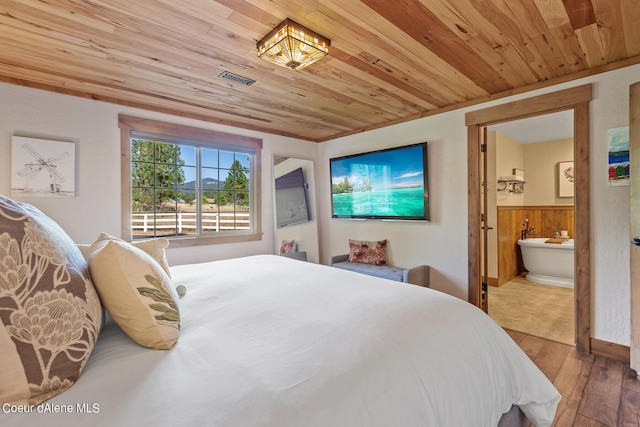 5718 E Sleepy Ln, Coeur Dalene, ID 83814 - bedroom with wooden ceiling, wood finished floors, ensuite bathroom, wooden walls, and wainscoting