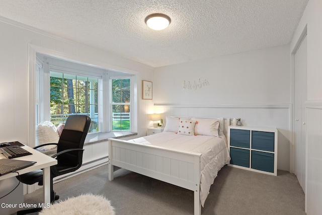 5718 E Sleepy Ln, Coeur Dalene, ID 83814 - bedroom with a textured ceiling, a decorative wall, a desk, carpet flooring, and wainscoting