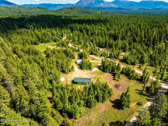 birds eye view of property featuring a forest view and a mountain view