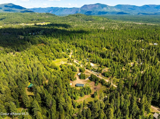 bird's eye view featuring a forest view and a mountain view