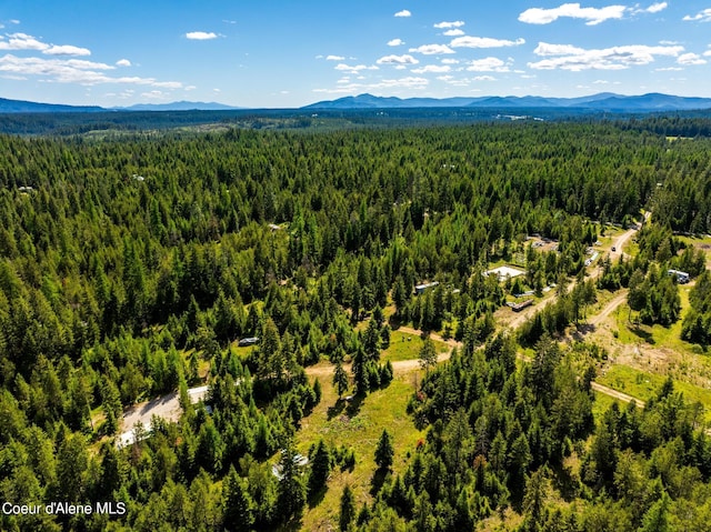 drone / aerial view with a forest view and a mountain view