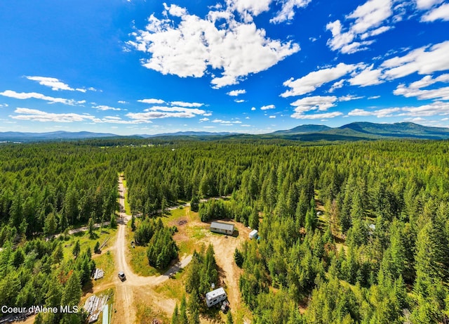 bird's eye view featuring a forest view and a mountain view