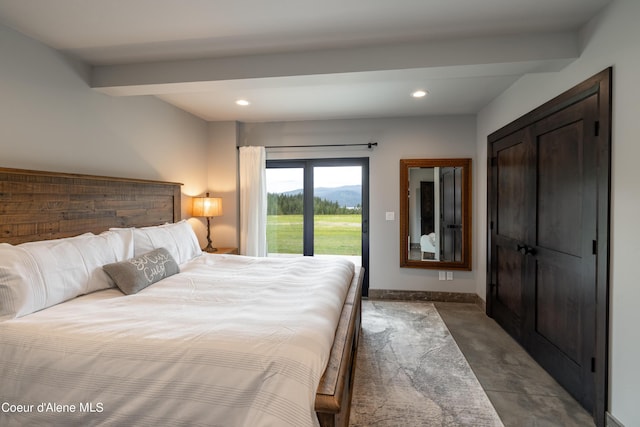 bedroom with baseboards, beamed ceiling, recessed lighting, and access to exterior