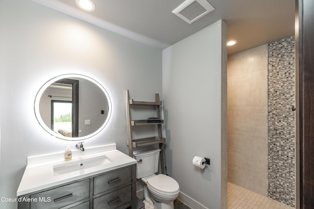 full bath featuring visible vents, toilet, vanity, a walk in shower, and recessed lighting