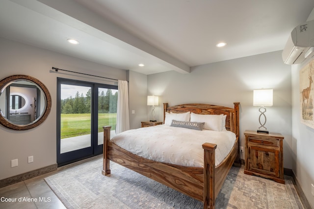 bedroom featuring baseboards, a wall unit AC, access to exterior, beam ceiling, and recessed lighting