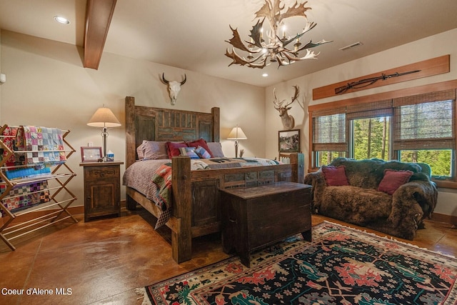 bedroom featuring visible vents, recessed lighting, finished concrete floors, and a notable chandelier