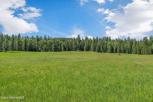 view of landscape featuring a forest view