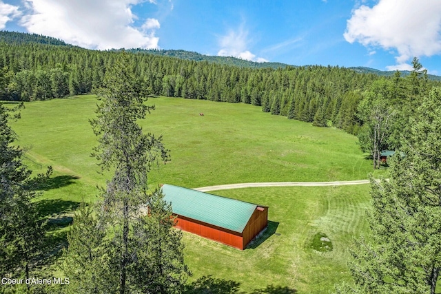 birds eye view of property with a rural view and a forest view