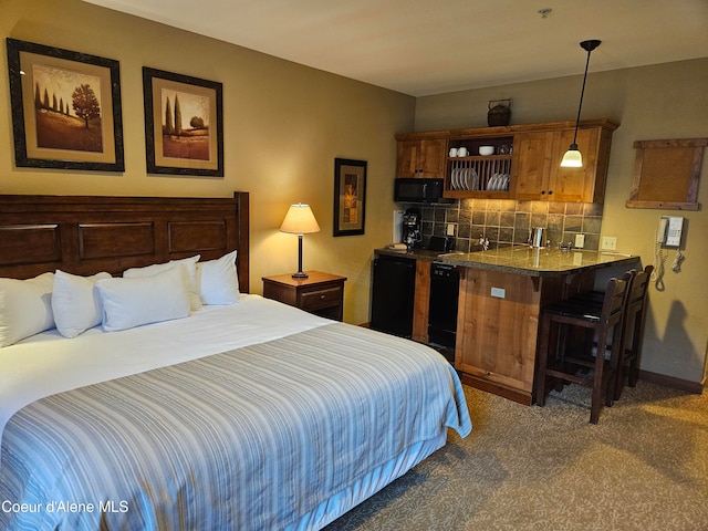 bedroom with refrigerator and dark carpet