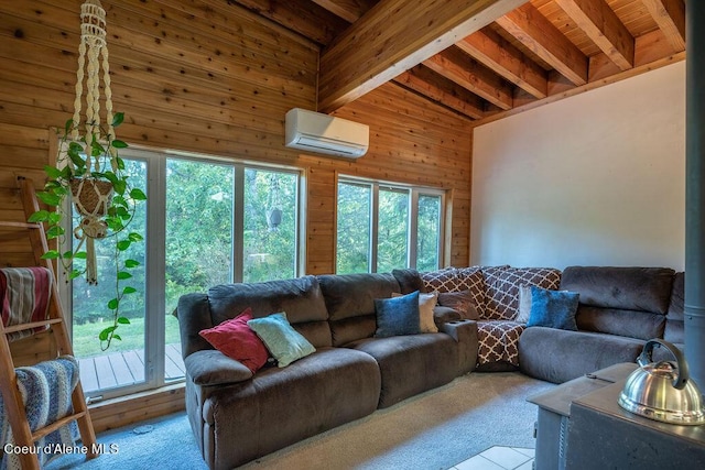 carpeted living room with wood ceiling, wooden walls, beam ceiling, high vaulted ceiling, and an AC wall unit